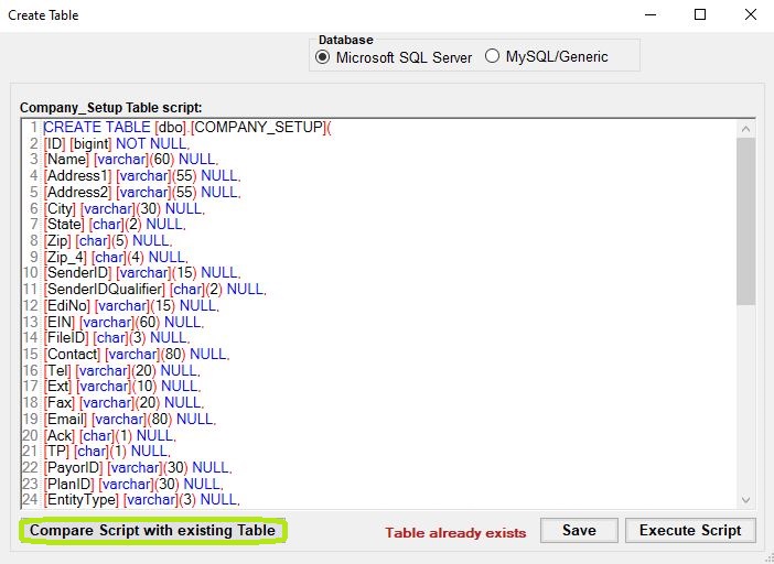 "Company setup table screen - Compare Script with existing Table."