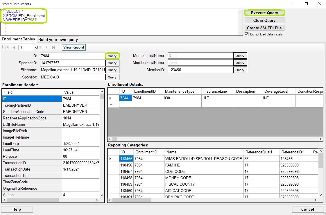 The "Stored Enrollments" window is showing an enrollment from the database.