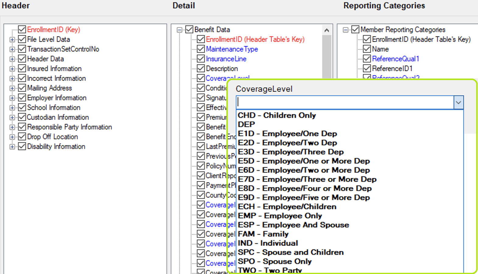 The drop-down with options for a blue field. The drop-down with options for a blue field.