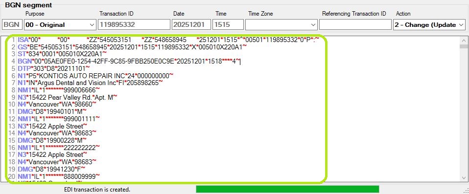 The EDI file content displayed.