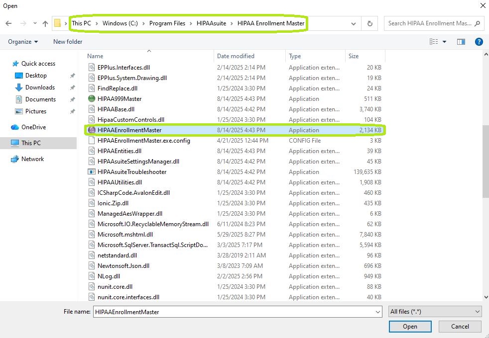 The path to the HIPAA Enrollment Master application folder.