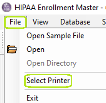 The "Select Printer" option from the "File" tab. The "Select Printer" option from the "File" tab.