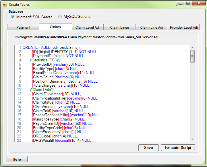 Here is the screen to create the tables for the database schema.