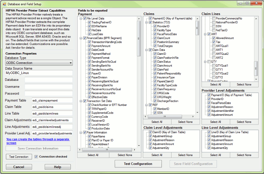 The screen to configure the connection, tables and fields for data export