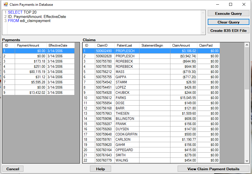 Access to payment records and associated paid claims stored in the database. Once a claim is selected the details can be viewed by clicking on the 'View Claim Payment Detail button