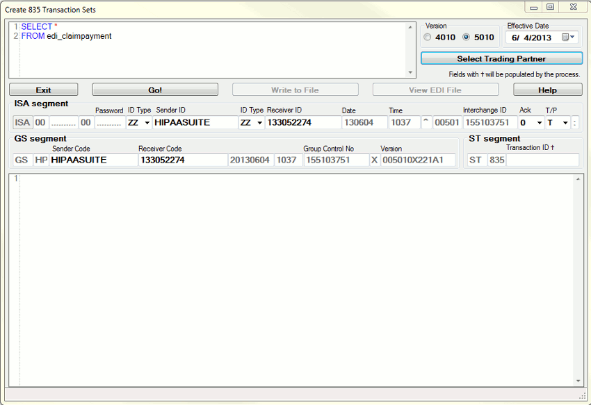 The screen to create 835 files manually