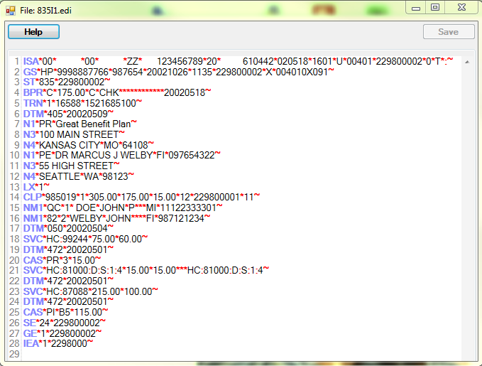 A very short 835 electronic payment file. Notice how difficult it is to decipher the meaning of the individual segments in the raw file