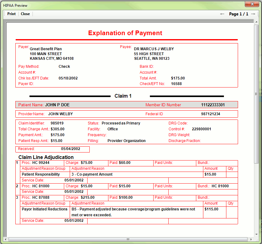 Claim payment image created from a database record