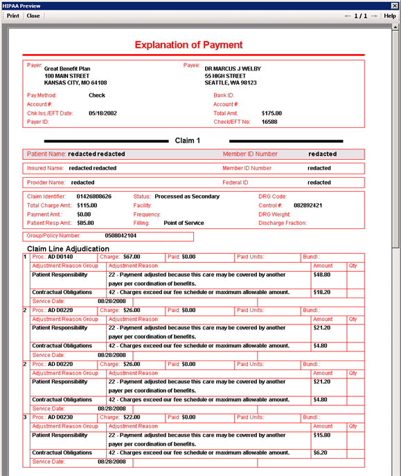 The first screen shots show the image of a typical claim payment advice. On closer look you will see that a lot of information is shown. All adjustment and remark codes are translated, so there is no guess work or the need to be a specialist in EDI code sets